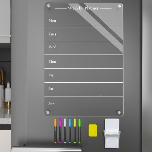 Todkoding 9"x13" Clear Weekly Meal Planner Magnetic Acrylic Board,Acrylic Magnetic Dry Erase Board for Fridge, Magnet Week Calendar for Refrigerator Includes 6 Colors Markers and Pen Container1