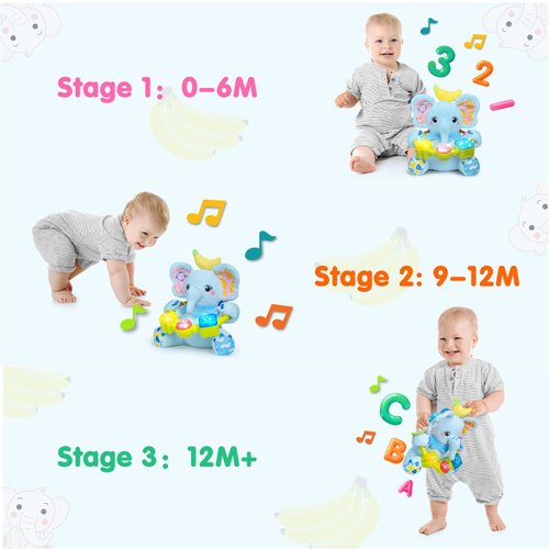 Ryotagift Baby Bilingual Musical Elephant Stuffed Animals Toys,Infant Early Learning Toys with Light-Up Music & Crinkle,Tummy Time Toys for 0 3 6 9 12+ Months for Baby Boy Girl Gift,Blue