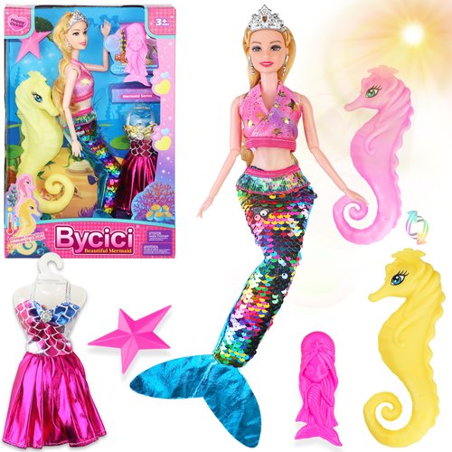 BYCICI Princess Doll with Color Changing Seahorse Play Gift Set | Mermaid Toys with Accessories and Doll Clothes for Girls Age 4-6