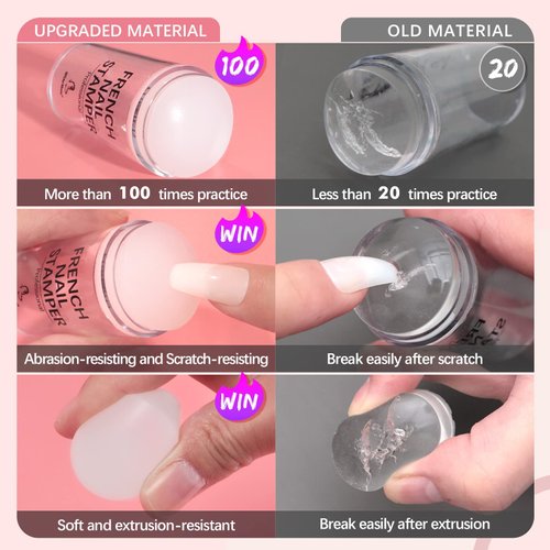 BTArtbox French Nail Stamper - French Tip Nail Tools with Nail Scraper and Replaceable Stamper Head, 100-Time Using Silicone Nail Stamper Kit for Gel Nail Polish DIY Nail Art Tools