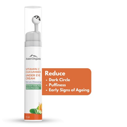 Aravi Organic Vitamin C Under Eye Cream For Dark Circles, Wrinkles & Fine Lines - With Vitamin C, Cucumber and Hylunoric Acid - Cooling Gel & Roller For Men & Women - 0.5 FL Oz / 15ml