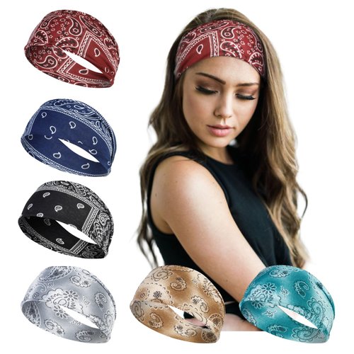 TERSE Boho Paisley Bandana Headbands - Non-Slip Elastic Sweatbands for Women, Soft Wide Bands for Workout, Yoga, Running, and Sports