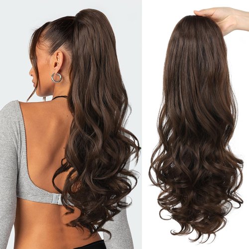 Ponytail Extension, Behufun Long Wavy Drawstring Ponytail 26" Clip in Hair Extensions Ponytail Fake Pony Tails Hair Extensions Natural Soft Heat Resistant Synthetic Hairpiece Dark Chocolate Brown