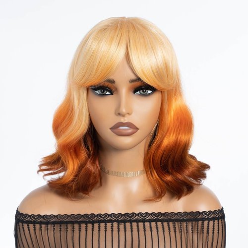 NOBLE Ombre Ginger Orange Wig with Bangs for Women Bob Wavy Synthetic Wigs Heat Resistant Hair for Daily Party Use.