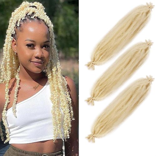 Springy Afro Twist Hair 3Pcs Pre-Separated Kinky Marley Twist Braiding Hair 24IN Springy Twist for Distressed Faux Locs Synthetic Hair Extensions Cuban Twist Hair(613#-Blonde)