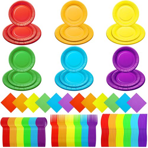 Karenhi 144 Pieces Rainbow Party Supplies Includes 7 Inch 9 Inch Paper Dinner Plates Colorful Cocktail Napkin Plastic Spoons Forks Knives Serve for 24 Guests Birthday Wedding Decoration Party Supplies