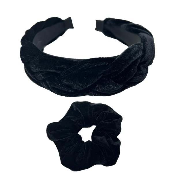 Shimmer Anna Shine Black Velvet Headbands and Scrunchies for Women and Girls, Velvet Hair Braid Headband for Women and Girls (Black Braided Hairband)