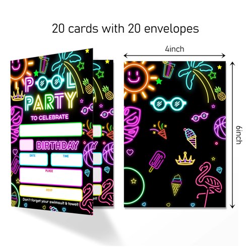 4x6 Pool Party Birthday Invitations, Birthday Invitations, Pool Party Supplies, Neon Glow Birthday Party Invitations, Kids Birthday Invitations, 20 Cards with 20 Envelopes.(27) (pool party(27))
