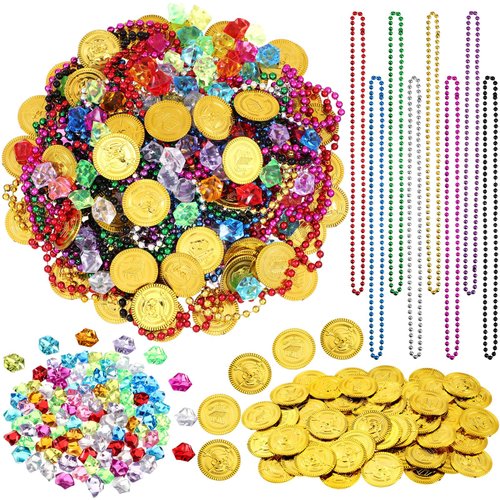 Crowye 180 Pcs Pirate Treasure Pirate Gold Fake Coins Toy Gems ANG Jewels Multicolor Diamonds Coins Beaded Necklace Playset Pirate Decor for Pirates Themed Table Adventure Pool Party(Classic)