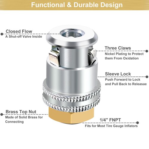 GODESON Lock On Air Chuck,1/4FNPT Closed Flow Brass Tire Chuck,Tire Air Chuck for Tire Inflator Gauge and Air Compressor(Pack of 2)