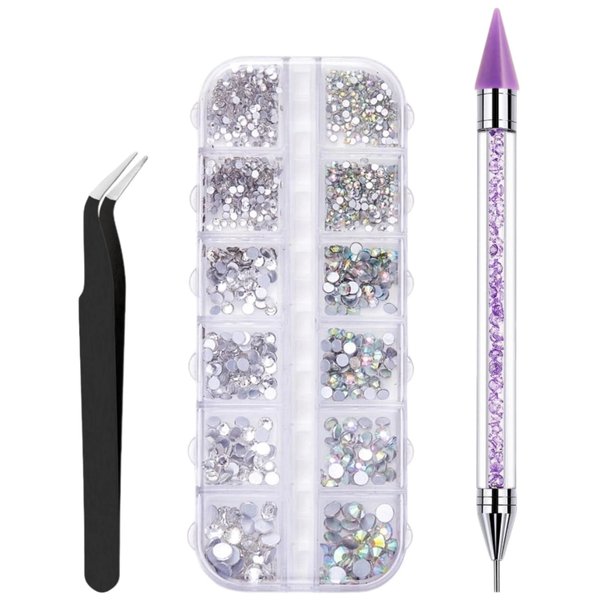 1500 PCS Rhinestones with 1 Rhinestone Picker Tool and 1 Tweezer, Wax Pencil for Rhinestones, Dual-Ended Nail Dotting Tool, Rhinestone Applicator Tool for DIY Nail Art (Purple)