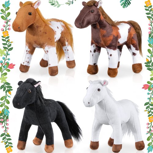 4 Pcs Stuffed Horse Toy 8 Inch Horse Plush Stuffed Horse Animals Cute Plush Horse Assorted White Stuffed Horse Toy Brown Plush Animals Gifts Party Favors Supplies Decoration