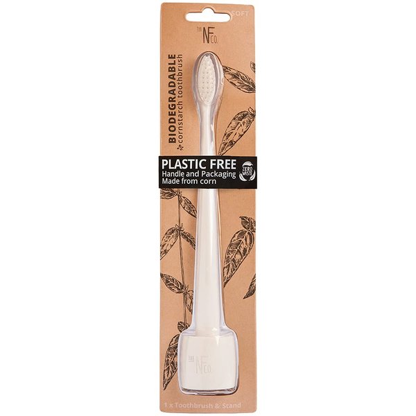 The Natural Family Co. Bio Toothbrush and Stand, Soft Nylon Bristles with Non GMO Cornstarch Handles, Plastic Free Packaging and Ivory Desert