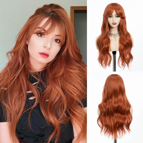 REBECCA STYLE Long Orange Wig with Bangs 24 Inch Long Wavy Wigs with Bangs for Women Synthetic Curly Wigs Hair Replacement Wigs for Girls Daily Party Use Natural Looking (Orange)