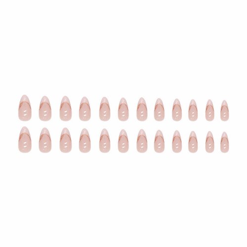 MISUD Almond Press on Nails Medium Stiletto Fake Nails Glossy Glue on Nails Chrome Acrylic Nails Bling Aurora French Tip Arrificial Nails Gold Swirl False Nails with Pearl Flash Design 24 pcs