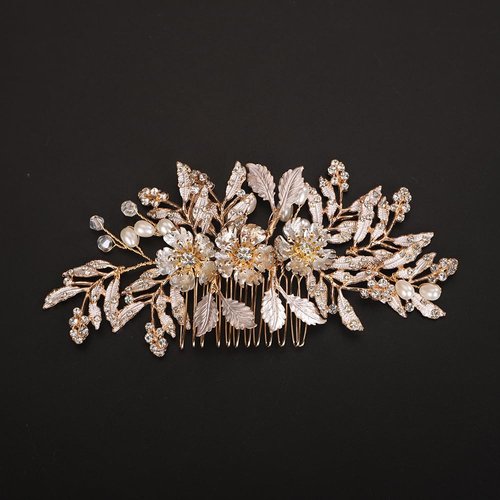 Teyglen Flower Wedding Hair Comb Gold Leaf Headpiece Bridal Flower Rhinestone Pearl Side Comb Handmade Hair Piece Hair Accessories for Women Girls (Gold)