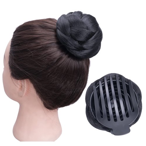 IMISSU Braided Chignon Dancer Hair Donut Hairpieces Scrunchie Claw Hair Bun Updo for Wedding Party (M1 Black)