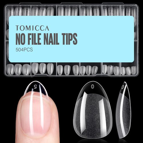 TOMICCA Short Almond Nail Tips, 504Pcs Soft Gel Nail Tips, 12 Sizes Pre-Shaped Half Matte Fake Clear Gelly Tips, Press on Acrylic Nails for Nail Extension DIY Nail Salon