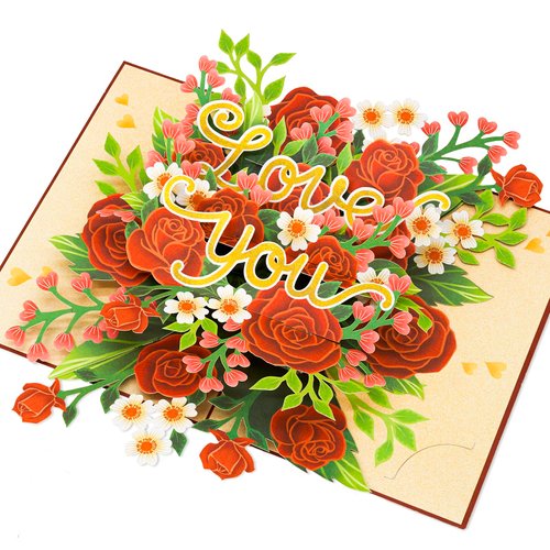 POPWOW Anniversary Pop Up Card, Floral Rose, Love You, Red Roses, Elegant 3D Greeting Cards, Ideal Gifts for Birthday, Mom, Sister, Aunt, Grandma, Daughter, Girl, Women 5x7