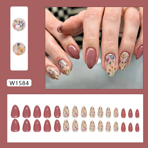 30Pcs Almond Fake Nails RTKHFZE Short Press on Nails with Cute Flower Designs Press on False Nails Glossy Acrylic Nails Artificial False Nails Full Cover Stick on Nails for Women