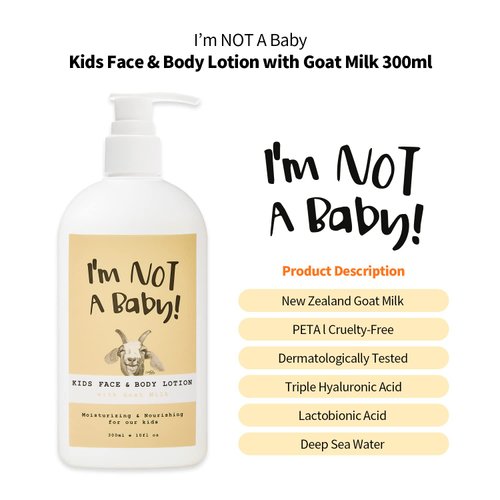 I’m NOT A Baby! Kids Face & Body Lotion, Dermatologist Tested, Allergen-free, PETA, Cruelty-free, Gentle for Kids, Goat Milk and Milk Sugar, 10fl oz