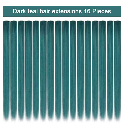 SHKJCHP 16 Pcs Straight One Color Party Highlights Clip on in Hair Extensions Colored Hair Streak Synthetic Hairpieces (Dark teal)