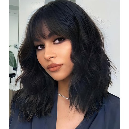 Short Black Wigs with Bangs 14Inch Wavy Curly Bob Wig for Women Shoulder Length Natural Looking Hair Replacement Wig for Daily Party Use Cosplay Costume Halloween Wig