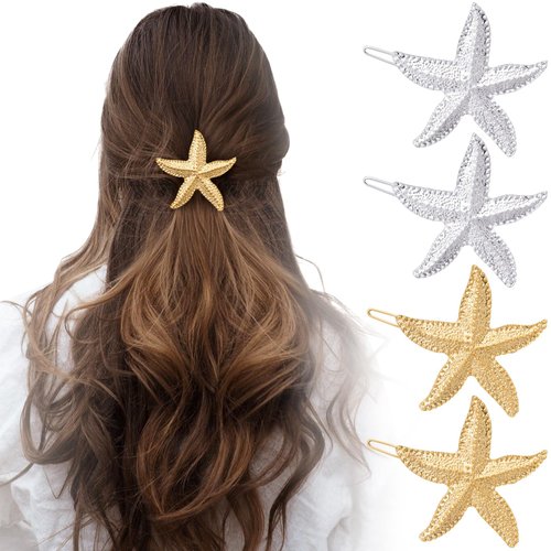 HINZIC 6PCS Starfish Hair Clips, Mermaid Sea Star Ponytail Holder Gold Silver Glitter Bangs Side Barrettes Hair Accessories for Women Halloween Christmas Beach Wedding Birthday