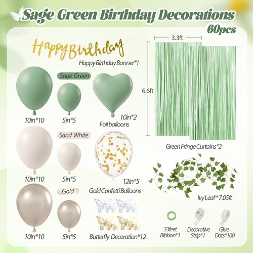 Sage Green Birthday Party Decorations with Happy Birthday Banner Green Fringe Curtain Butterfly Decorations Foil Balloons Happy Birthday Decorations for Women Adults