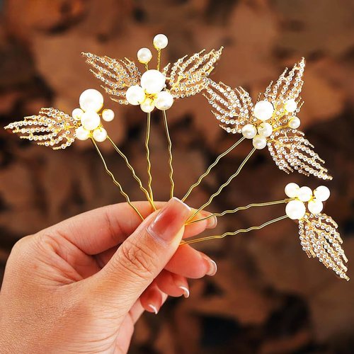 Asooll Pearl Bride Wedding Hair Pins Bridal Leaf Head Piece Rhinestone Hair Accessories for Women (Pack of 3) (Gold)