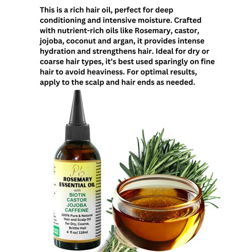 Pomberries Rosemary Hair Growth Oil with Castor & Jojoba, Infused with Biotin & Caffeine for Wavy, Curly, Coily, Coarse, Weak, Thinning Hair, Hair and Scalp Treatment, Help Reduce Hair Loss 4 fl oz