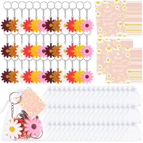 Huquary Groovy Party Favors Include Daisy Keychains Organza Bags Thank You Kraft Tags for Boho Birthday Wedding Baby Shower(148 Pcs)