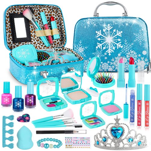 SUPER JOY Kids Real Makeup Kit for Little Girls:with Blue Dream Bag - Real, Non Toxic, Washable Make Up Dress Up Toy - Birthday Gift for Children Pretend Play Set for Ages 4 5 6 7 8 9 Years Old