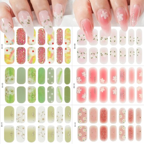 6 Sheets Full Nail Wraps Flower Nail Wraps Self-Adhesive Semi Cured Gel Nail Strips Stickers Nail...
