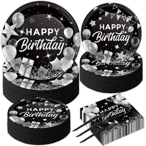 gisgfim 200PCS Black and White Silver Happy Birthday Party Decorations Birthday Party Tableware Set Confetti Sprinkles Black Birthday Plates Napkins Forks Table Decors for Men Women, 50 Guests
