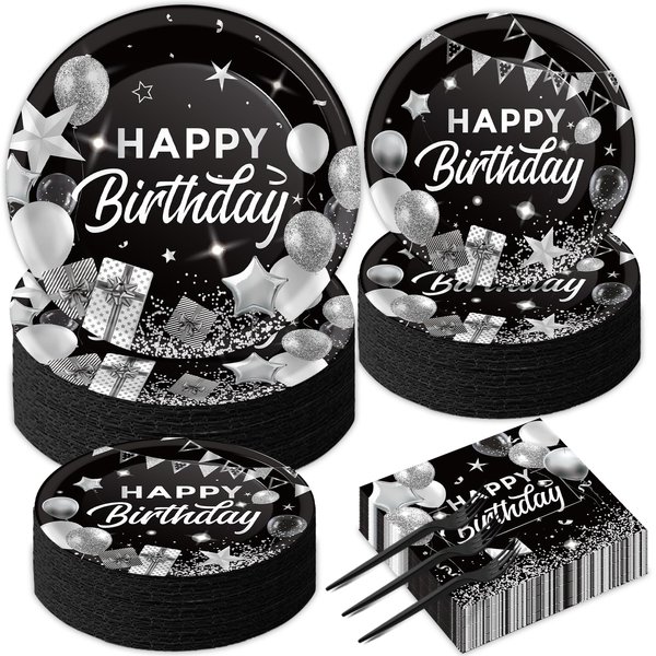 gisgfim 200PCS Black and White Silver Happy Birthday Party Decorations Birthday Party Tableware Set Confetti Sprinkles Black Birthday Plates Napkins Forks Table Decors for Men Women, 50 Guests