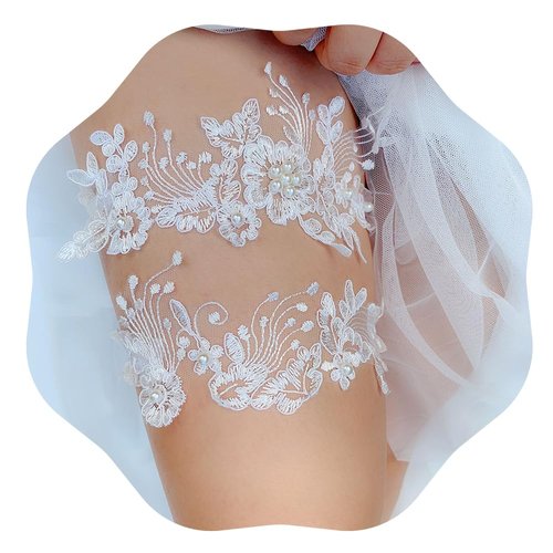 JWICOS 2PCS Wedding Lace Garter Set Flower Bridal Garter Belt Bride Stretch Garter Costume for Women (White)