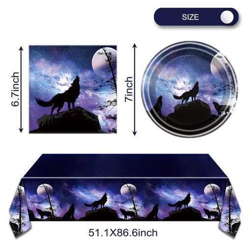 Wolf Birthday Party Tableware Set,20 Plates and 20 Napkins and Tablecloth 86 '' x 51 '', Wolf Animal Party Decorate Supplies