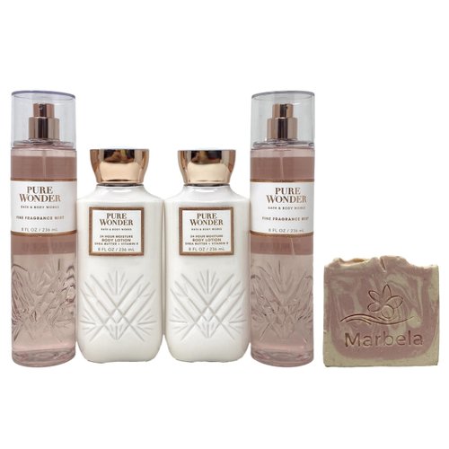 Bath & Body Works Pure Wonder 2 Fine Fragrance Mist and 2 Body Lotions with a Himalayan Salts Springs Sample Soap.
