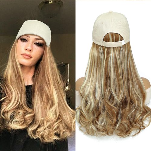 Yunkang Hat Wig Baseball Cap With Long Wavy Ends Straight Hair Extensions Attached Heat Resistant Synthetic Fiber Hair Replacement Wigs in Hat for Woman Girls (MHoney blonde, 18inch)