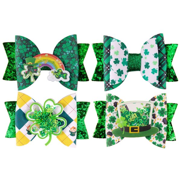 Whaline St. Patrick's Day Bow Clips Glitter Green Shamrock Clover Hair Pins Quicksand Bow Hair Barrettes Alligator Clip Hair Accessories for Girls Women Toddlers Holiday Birthday Gifts, 4 Pack