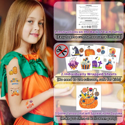 Partywind 408 PCS Glitter Tattoos for Kids Halloween Party Supplies, Individually Wrapped Cut Tattoos for Halloween Goodie Bag Stuffers, Halloween Treats for Kids Trick or Treat Party Decorations