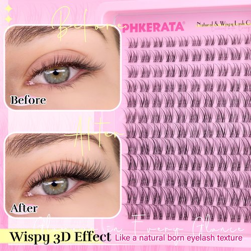 PHKERATA Invisible Band Lash Clusters Kit Wispy Lash Extension Kit Natural Eyelash Clusters C Curl DIY Cluster Eyelash Extension Kit Individual Lashes with Lash Glue Bond and Seal Tweezers, 8-16 mm