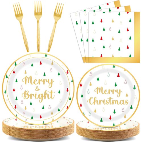 100 Pcs Christmas Paper Plates Napkins Party Supplies Merry Christmas and Tree Design in Red Green and Gold Merry and Bright Party Tableware for Disposable Xmas Holiday Dinner Party Decorations