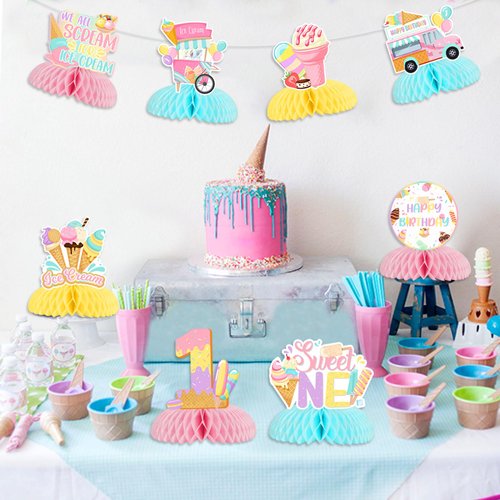 Jollyboom Ice Cream Table Centerpieces for Girls, Sweet One 1st Birthday Honeycomb Centerpiece We All Screamed for Ice Cream Double-sided Honeycomb Centerpiece for Summer 1st Birthday Baby Shower