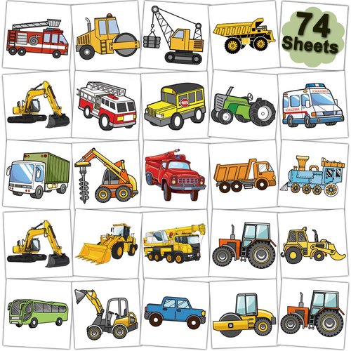 CHARLENT Car and Truck Temporary Tattoos for Kids Party Supplies - 74 Individually Sheets Car Con...