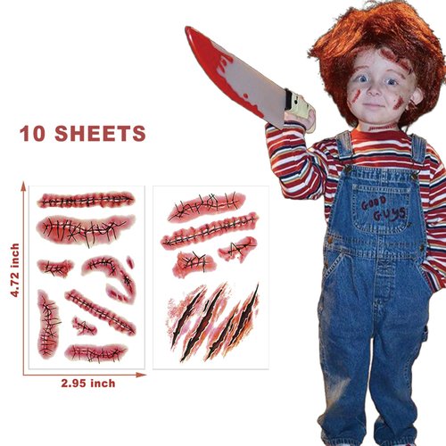 Halloween Temporary Tattoos 3D Body Face Realistic Fake Stitches Tattoo Sticker Waterproof for Chucky Costume Vampire Zombie Makeup Kids & Adults