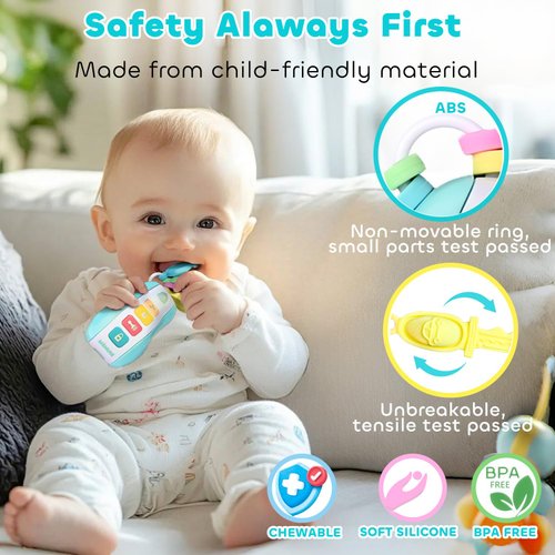 MOMUSE Baby Teething Relief Toys for 6-12 Months, Baby Teether Keys Car Musical Toy for 6 9 12 18 36 Months, Food Grade Silicone Sensory Chew Toy Travel Toys Gifts for Infant Baby Boys & Girls