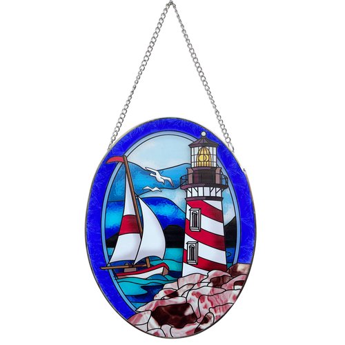 VinSees Pigeon Point Lighthouse Stained Glass Window Hanging, Suncatcher Home Decor with Chains, Suncatcher for Windows, Colorful Glass Ornament, Indoor Outdoor Home Decor Garden Decoration