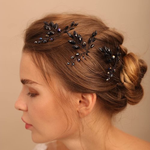 Jumwrit Wedding Hair Pins Black Rhinestone Hair Pins for Wedding Handmade Beaded Hair Pieces Bridal Hair Accessories for Brides and Bridesmaid（3pcs）